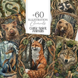Clip art de animales espirituales celtas, ilustración de cubierta de bosque, bosque, paganismo, wicca, efímera de brujería, sublimación, gráfico, álbum de recortes, página de grimorio