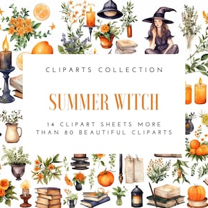 Summer Witch Clipart Witchy Planner Stickers Wallpaper for Digital Grimoire Stickers for Book of Shadows, Witch Junk Journal Kit