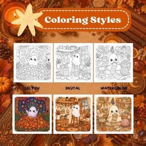 May include: A collection of colouring pages featuring a ghost character in three scenes: playing in autumn leaves, decorating a room, and knitting. The top row shows black and white line art, while the bottom row displays coloured versions.
