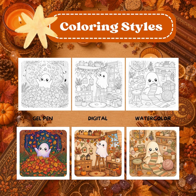 May include: A collection of colouring pages featuring a ghost character in three scenes: playing in autumn leaves, decorating a room, and knitting. The top row shows black and white line art, while the bottom row displays coloured versions.