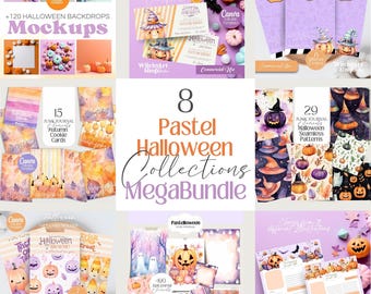 May include: A collection of pastel Halloween-themed digital designs. The image features mockups, junk journal cards, seamless patterns, and gift card holders. The text includes "+120 Halloween Backdrops Mockups" and "8 Pastel Halloween Collections MegaBundle."