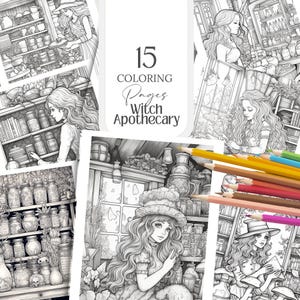Witch Apothecary Coloring Page Cottagecore Magic Coloring Illustration Cute Witchy Life Coloring Drawing Printable PNG Digital