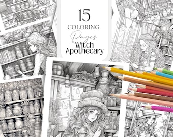 Witch Apothecary Coloring Pages | 15 Witchy Illustrations (Printable PNG Digital)