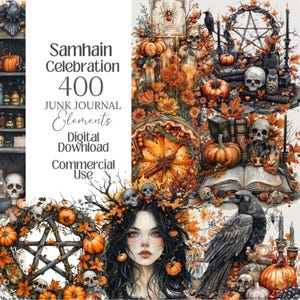 Pu&ograve; includere: Una collezione digitale di 400 elementi di junk journal a tema Samhain con illustrazioni di zucche, teschi, corvi, pentagrammi, foglie autunnali e libri aperti. Il testo recita Samhain Celebration 400 JUNK JOURNAL Elements Digital Download Commercial Use.