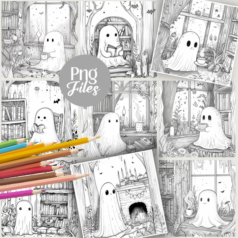 Cute Ghost 3 halloween spooky Coloring Pages book kawaii, anime, scary, teen party, kids activities, magic grayscale, witch, stress relief