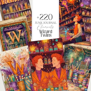 Magic School Wizard Twins, Junk Journal, Printable Png, Wizarding Crafts, Planner, Cards digital Paper, Grimoire, Clipart, commercial use