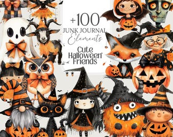 May include: A collection of whimsical Halloween-themed illustrations. The image features various characters, including a ghost, owl, black cat, witch, and pumpkin-headed figures. The color palette includes orange, black, and white. Text reads "+100 Junk Journal Elements Cute Halloween Friends".