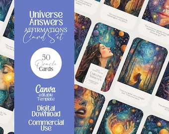 May include: A digital download of a card set titled "Universe Answers Affirmations Card Set". The image shows 50 oracle cards with cosmic-themed illustrations and inspirational quotes. The design includes the text "Canva editable Template" and "Commercial Use".