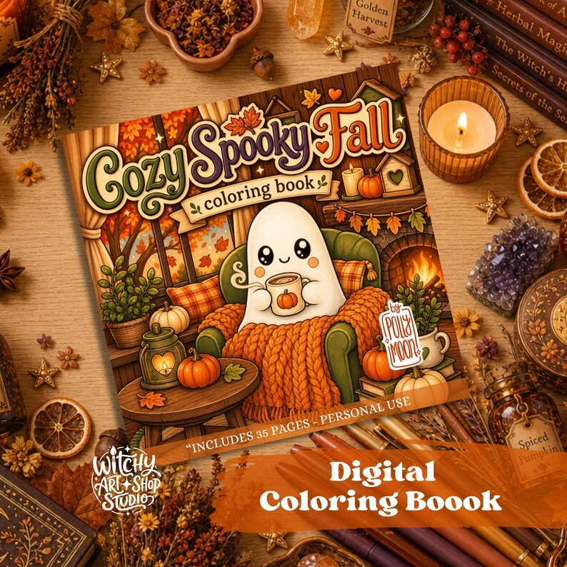 May include: A square colouring book titled Cozy Spooky Fall featuring a cartoon ghost sitting in a green armchair, holding a mug with a pumpkin design, wrapped in an orange knit blanket, with pumpkins, a fireplace, and autumn leaves in the background.