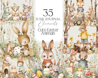 May include: 35 watercolor illustrations of cute Easter animals, including bunnies, foxes, and birds, holding Easter eggs and flowers. The illustrations are perfect for adding a touch of whimsy to your junk journal or other craft projects.