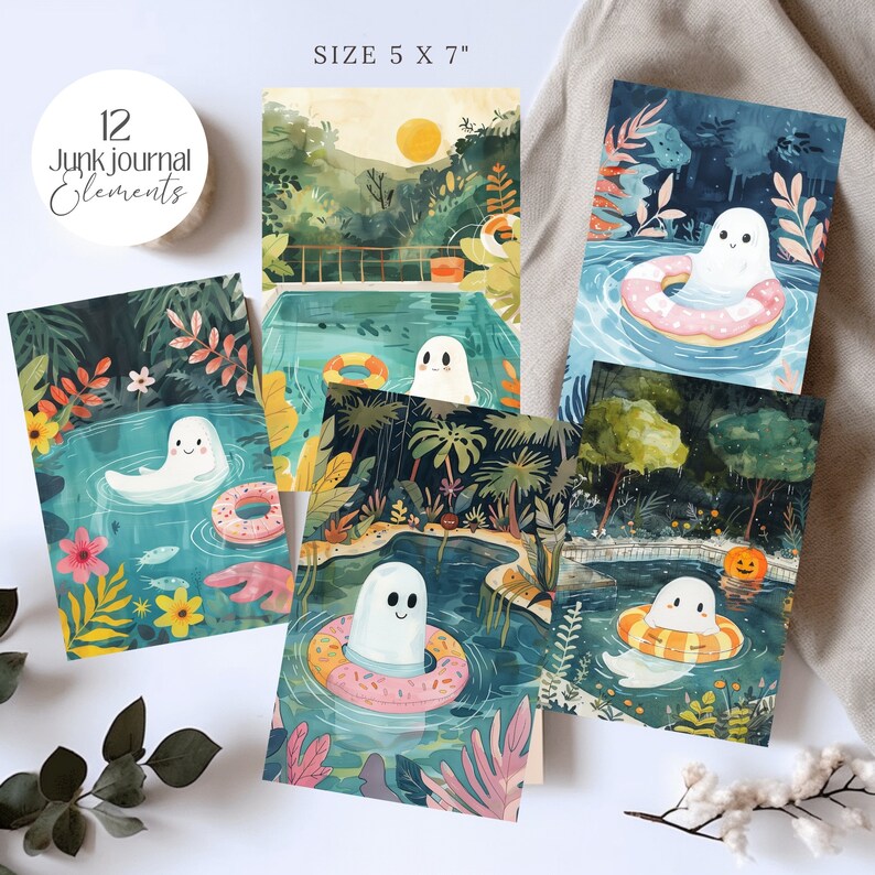 Summerween cute Ghost Printable Cards postcards png, Whimsical wallpaper, Illustration, junk journal, scrapbook Wall art, greeting card tags