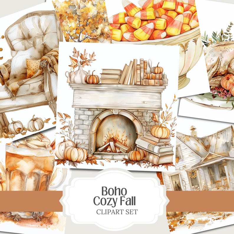 Collection of over 100 boho, cozy, neutral color fall/autumn watercolor PNG images with transparent backgrounds. Ideal for creating stickers, planners, scrapbooks, junk journals, ephemera, sublimation crafts, and various DIY projects
