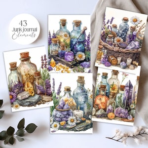May include: Watercolor illustrations of apothecary bottles, crystals, and flowers. The images feature various sizes of glass bottles with cork stoppers, filled with colorful liquids and crystals. The text "43 Junk Journal Elements" is in a circle.