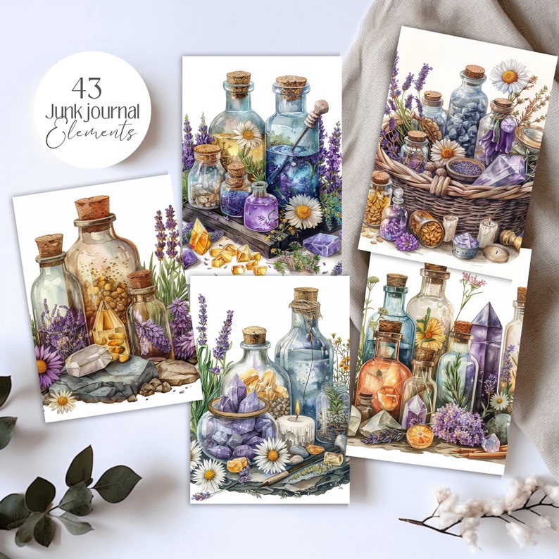 May include: Watercolor illustrations of apothecary bottles, crystals, and flowers. The images feature various sizes of glass bottles with cork stoppers, filled with colorful liquids and crystals. The text "43 Junk Journal Elements" is in a circle.