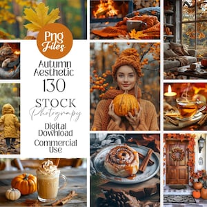 Peut inclure: Un collage d'images sur le th&egrave;me de l'automne. Comprend une femme tenant une citrouille, une sc&egrave;ne de chemin&eacute;e chaleureuse, un roul&eacute; &agrave; la cannelle, une porte d&eacute;cor&eacute;e d'une couronne et une tasse de th&eacute;. Le texte "Autumn Aesthetic 130 Stock Photography Digital Download Commercial Use" est &eacute;galement pr&eacute;sent.