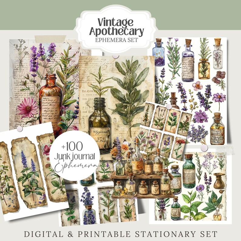 May include: A digital and printable vintage apothecary ephemera set. The image features botanical illustrations, antique bottles, and handwritten text. The set includes over 100 junk journal ephemera pieces, perfect for crafting.