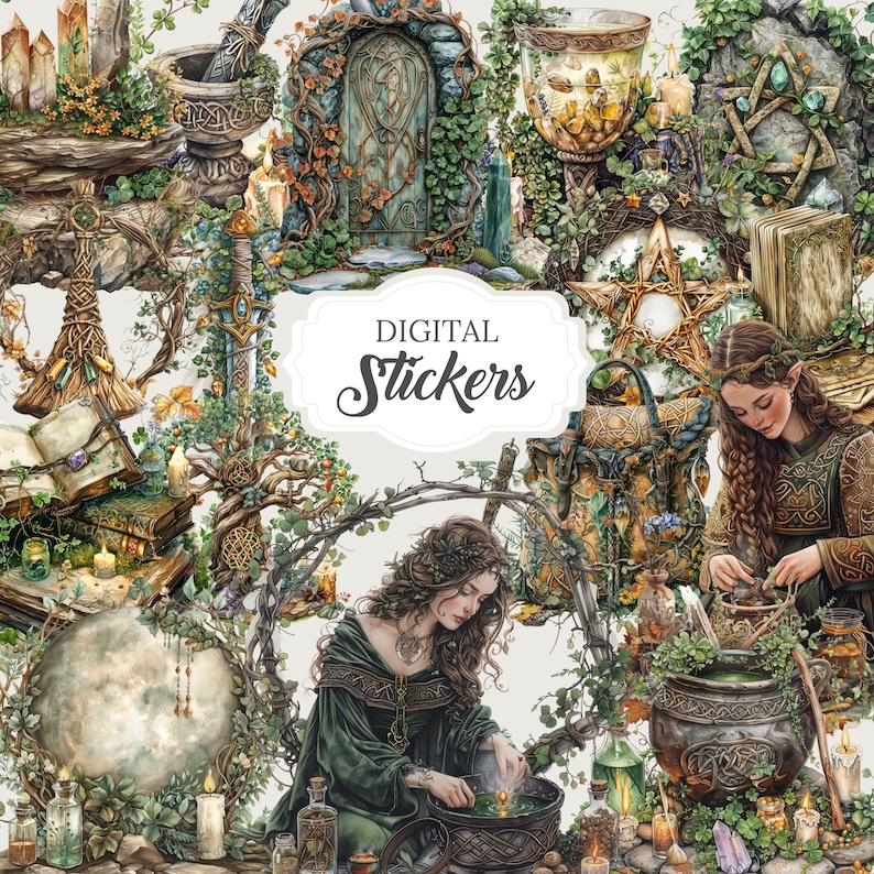 Whimsical Celtic witch-themed watercolor PNG images, including  elements like border pages, clipart, and ephemera. Perfect for Book of Shadows, Grimoire, junk journals, scrapbooks, and witchy planner designs. green witch projects.
