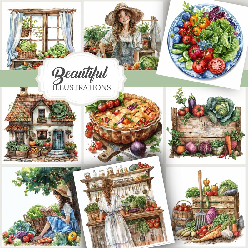 Veggie farm gardening PNG set with over 330 elements. Includes clipart, ephemera, and border pages ideal for junk journaling, scrapbooking, grimoire pages, and green witch rituals. Designed for spring, summer, and botanical craft projects.