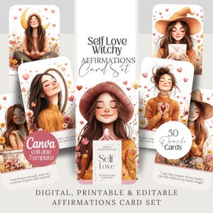 Tarjetas de afirmación de amor propio png amor brujería imprimible baraja de cartas autoestima editable tarot linda bruja autocuidado adivinación oráculo conjunto de cartas