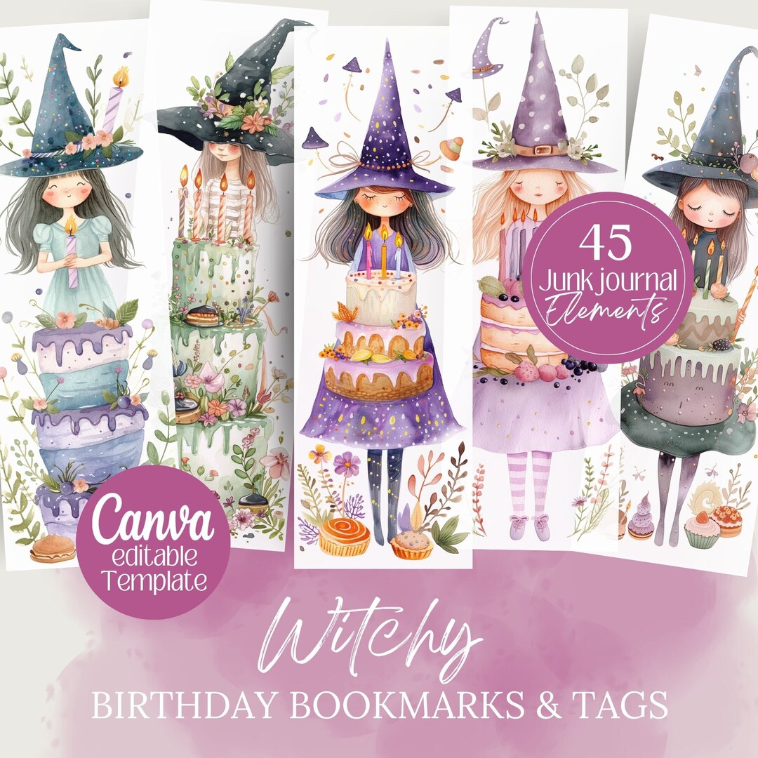 Witch Birthday Printable Bookmarks and Tags Card Bundle, Witchy Party ...