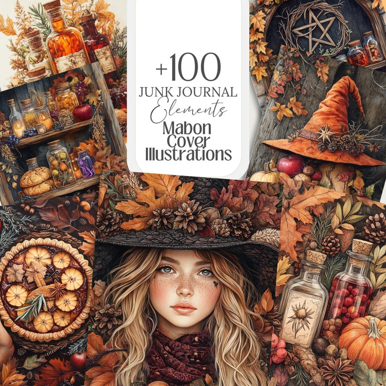 Mabon cozy harvest witchy clipart featuring over 100 PNG files, 5x7 inches each. Perfect for junk journals, grimoire pages, Book of Shadows, spell books, and fall crafts. Includes commercial use for creating spiritual and seasonal projects.