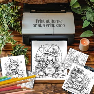 Cute Witchy Cottagecore Coloring Pages 75 PNG files sized 3000x3000px. Includes magical and whimsical designs for coloring, junk journaling, scrapbooking, and cozy crafts. files with commercial use license for digital and print projects.