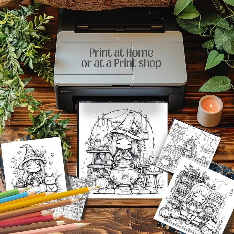 Cute Witchy Cottagecore Coloring Pages 75 PNG files sized 3000x3000px. Includes magical and whimsical designs for coloring, junk journaling, scrapbooking, and cozy crafts. files with commercial use license for digital and print projects.