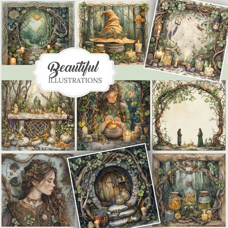 Whimsical Celtic witch-themed watercolor PNG images, including  elements like border pages, clipart, and ephemera. Perfect for Book of Shadows, Grimoire, junk journals, scrapbooks, and witchy planner designs. green witch projects.