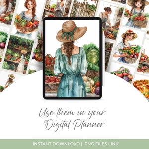 Veggie farm gardening PNG set with over 330 elements. Includes clipart, ephemera, and border pages ideal for junk journaling, scrapbooking, grimoire pages, and green witch rituals. Designed for spring, summer, and botanical craft projects.