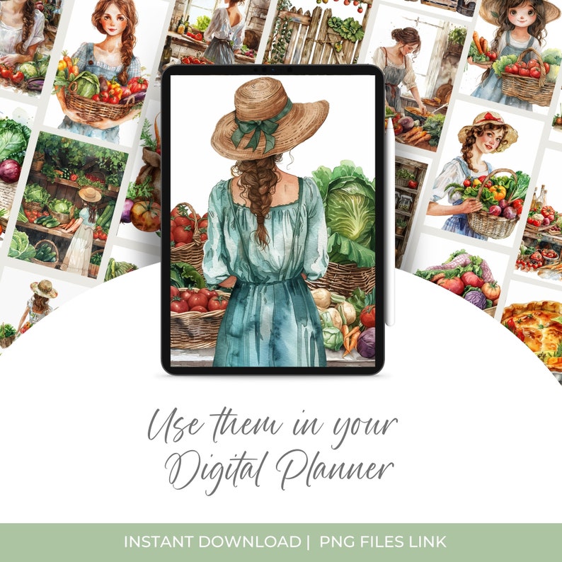 Veggie farm gardening PNG set with over 330 elements. Includes clipart, ephemera, and border pages ideal for junk journaling, scrapbooking, grimoire pages, and green witch rituals. Designed for spring, summer, and botanical craft projects.