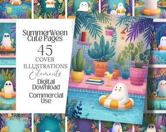May include: A digital download featuring "SummerWeen Cute Pages" with 45 cover illustrations and elements. The artwork showcases a ghost character in a pool setting, surrounded by plants and drinks. The illustrations are in a vibrant, colorful style, perfect for commercial use.