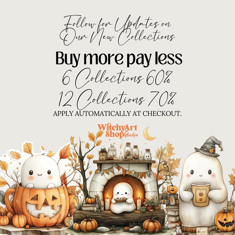 Collection of 100+ adorable cute fall autumn ghost watercolor PNG images, perfect for scrapbooking, planners, grimoire covers, Books of Shadows, and cozy autumn crafts