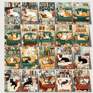 Cats and Books Cottagecore Clipart featuring 40 PNG files sized 5x7”. Includes cozy, romantic designs for junk journaling, scrapbooking, planners, and wall art. High-resolution files with commercial use license for digital and print projects.