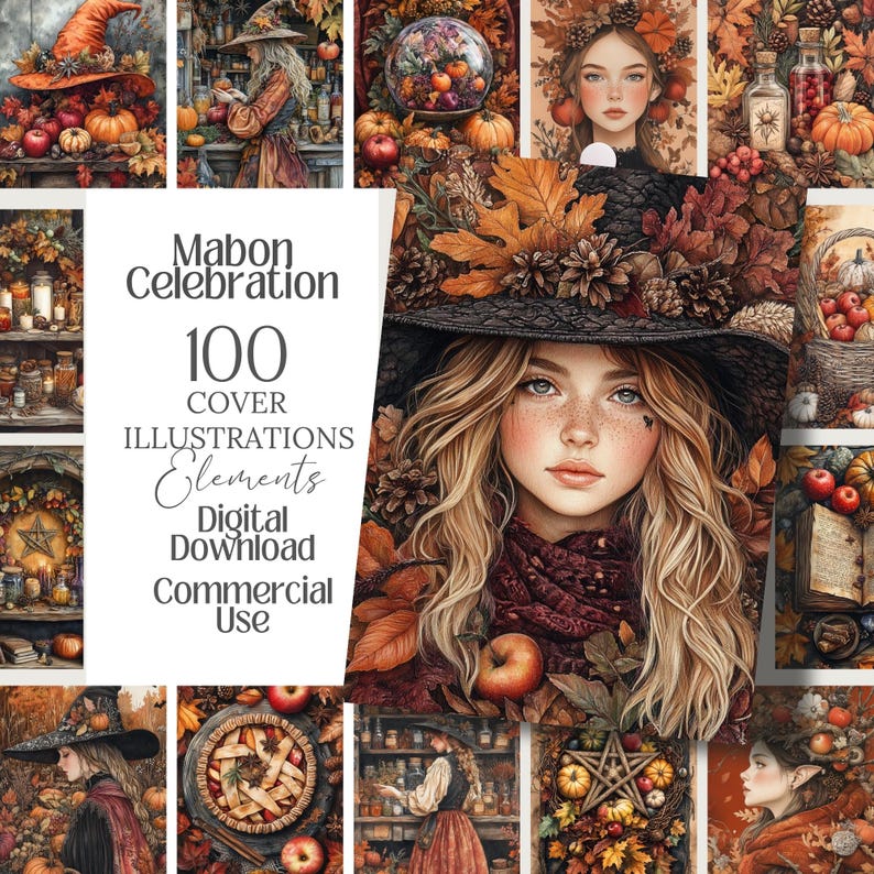 May include: A digital download graphic set with a Mabon Celebration theme. The image features 100 cover illustrations and elements with a fall harvest aesthetic. The artwork includes illustrations of witches, pumpkins, and autumn foliage.