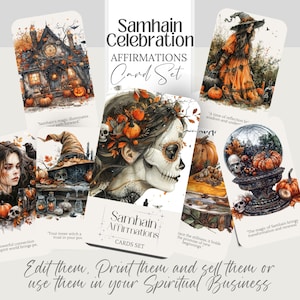 Samhain Affirmation cards, halloween witchy printable deck, editable template, Tarot, witch affirmation png Wicca divination oracle card set