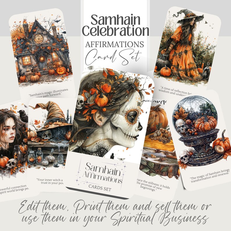 Samhain Affirmation cards, halloween witchy printable deck, editable template, Tarot, witch affirmation png Wicca divination oracle card set