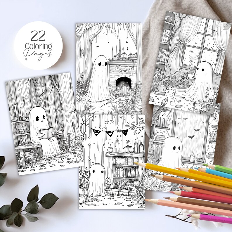 Cute Ghost 3 halloween spooky Coloring Pages book kawaii, anime, scary, teen party, kids activities, magic grayscale, witch, stress relief