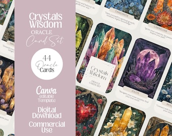 May include: A deck of oracle cards titled "Crystals Wisdom" with a light purple background. The cards feature colorful illustrations of crystals and flowers. The set includes 44 oracle cards and is a Canva editable template for digital download and commercial use.