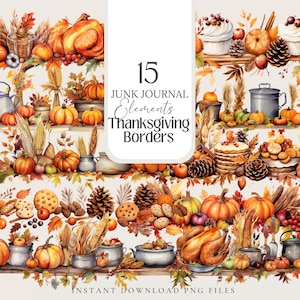 May include: A set of 15 watercolor Thanksgiving themed junk journal elements. The elements include pumpkins, fall leaves, corn, a turkey, a pie, a casserole dish, and other Thanksgiving-themed items. The elements are perfect for adding a touch of fall to your junk journal or other craft projects.