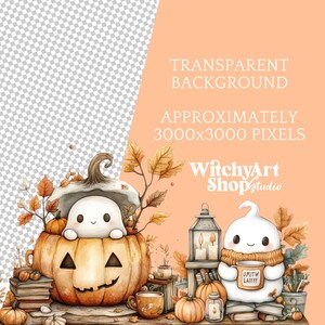 Collection of 100+ adorable cute fall autumn ghost watercolor PNG images, perfect for scrapbooking, planners, grimoire covers, Books of Shadows, and cozy autumn crafts