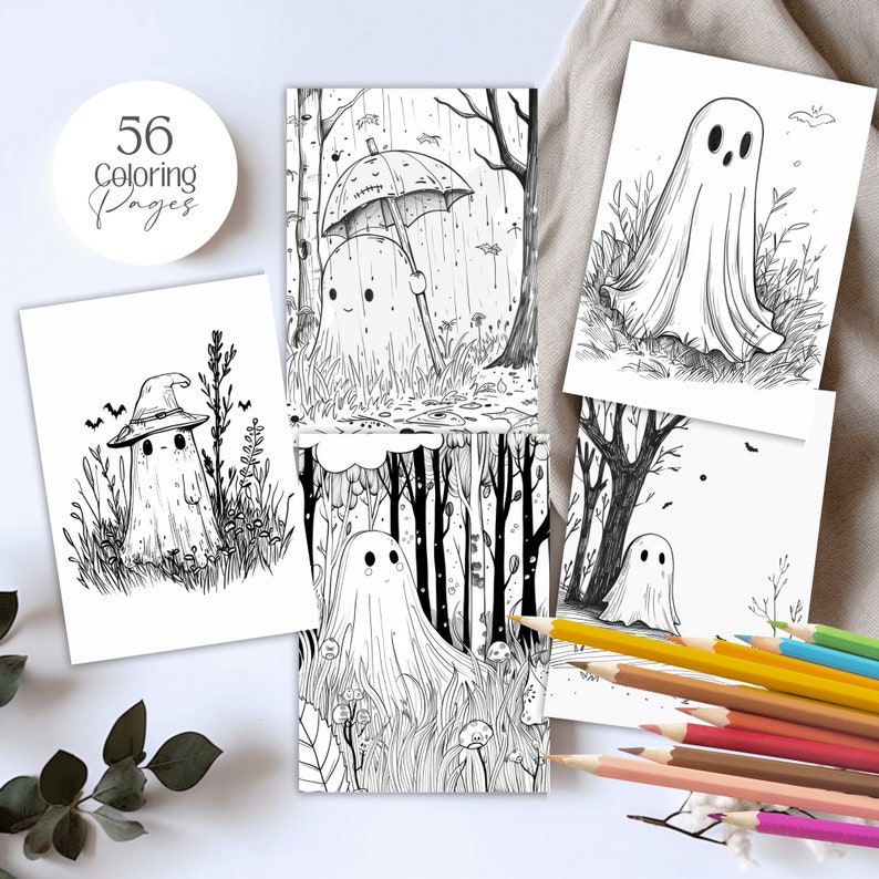 Cute Ghost 2 halloween spooky Coloring Pages book kawaii, anime, scary, teen party, kids activities, magic grayscale, witch, stress relief