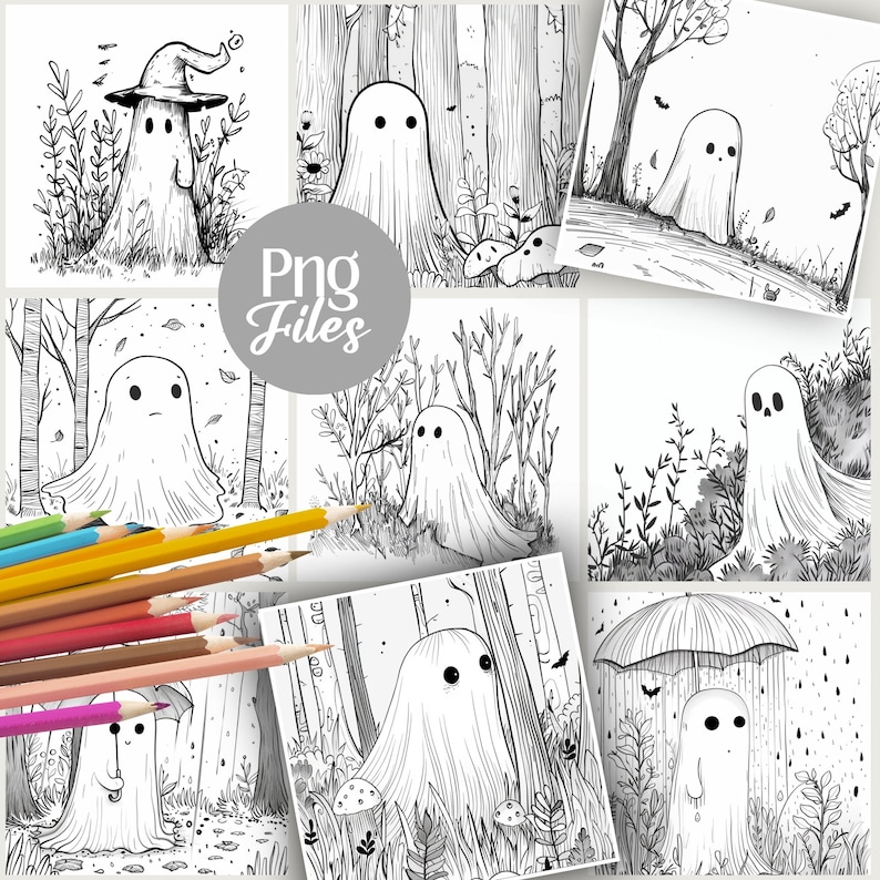 Cute Ghost 2 halloween spooky Coloring Pages book kawaii, anime, scary, teen party, kids activities, magic grayscale, witch, stress relief