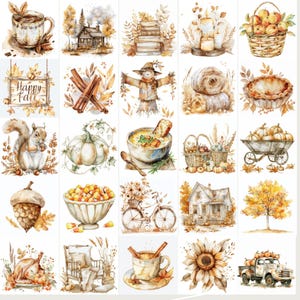 Collection of over 100 boho, cozy, neutral color fall/autumn watercolor PNG images with transparent backgrounds. Ideal for creating stickers, planners, scrapbooks, junk journals, ephemera, sublimation crafts, and various DIY projects