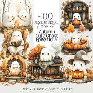 Collection of 100+ adorable cute fall autumn ghost watercolor PNG images, perfect for scrapbooking, planners, grimoire covers, Books of Shadows, and cozy autumn crafts