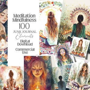 Meditation Mindfulness yoga png, skräpjournalsset digitalt papper, planeringssidor, andligt brevpappersset, för scrapbooking, kommersiellt bruk