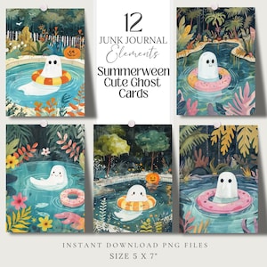 Summerween cute Ghost Printable Cards postcards png, Whimsical wallpaper, Illustration, junk journal, scrapbook Wall art, greeting card tags
