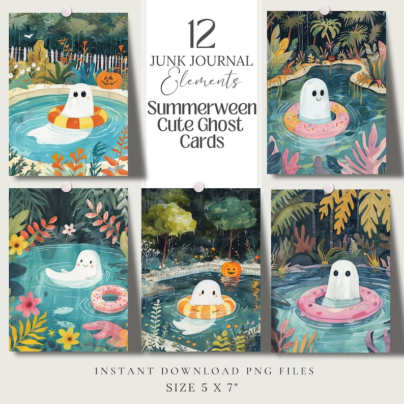 Summerween cute Ghost Printable Cards postcards png, Whimsical wallpaper, Illustration, junk journal, scrapbook Wall art, greeting card tags