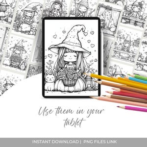 Cute Witchy Cottagecore Coloring Pages 75 PNG files sized 3000x3000px. Includes magical and whimsical designs for coloring, junk journaling, scrapbooking, and cozy crafts. files with commercial use license for digital and print projects.