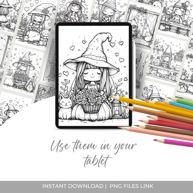 Cute Witchy Cottagecore Coloring Pages 75 PNG files sized 3000x3000px. Includes magical and whimsical designs for coloring, junk journaling, scrapbooking, and cozy crafts. files with commercial use license for digital and print projects.