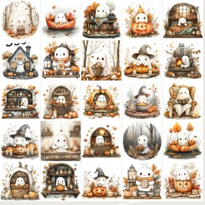Collection of 100+ adorable cute fall autumn ghost watercolor PNG images, perfect for scrapbooking, planners, grimoire covers, Books of Shadows, and cozy autumn crafts